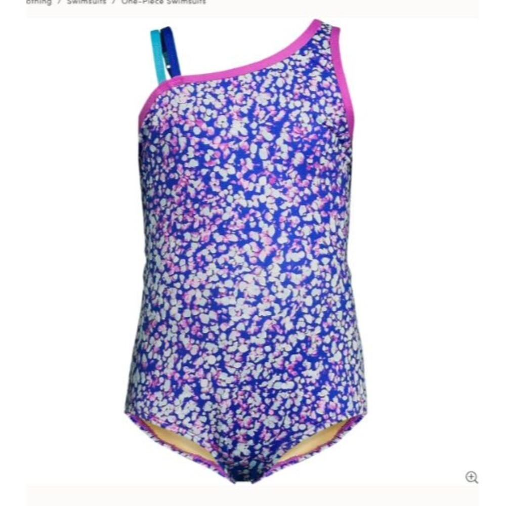 new $38 lands end swimsuit Girls Slim L Chlorine Resistant electric blue mosaic